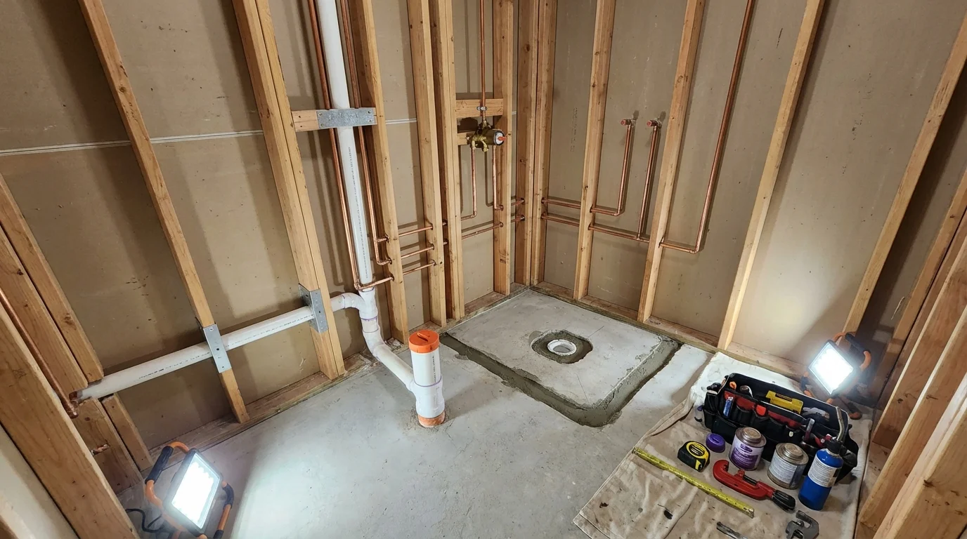 Bathroom rough-in plumbing during remodel by Johns Plumbing LLC in Campbelltown