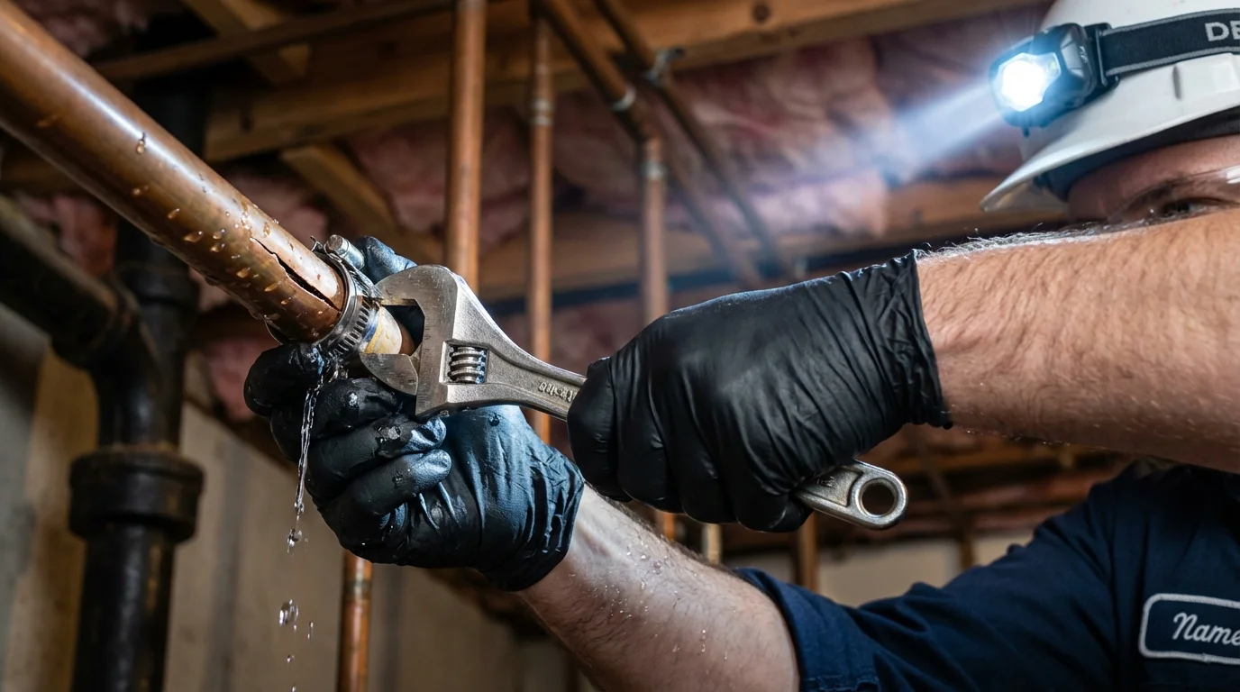 Emergency pipe clamp repair being performed by a Johns Plumbing LLC plumber in Campbelltown