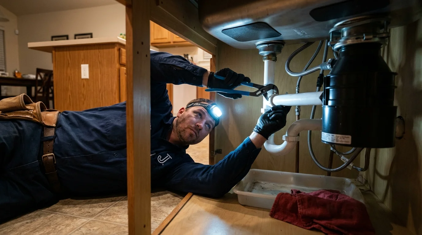 P-trap and supply line connections under a kitchen sink showing a common leak point in Campbelltown, PA